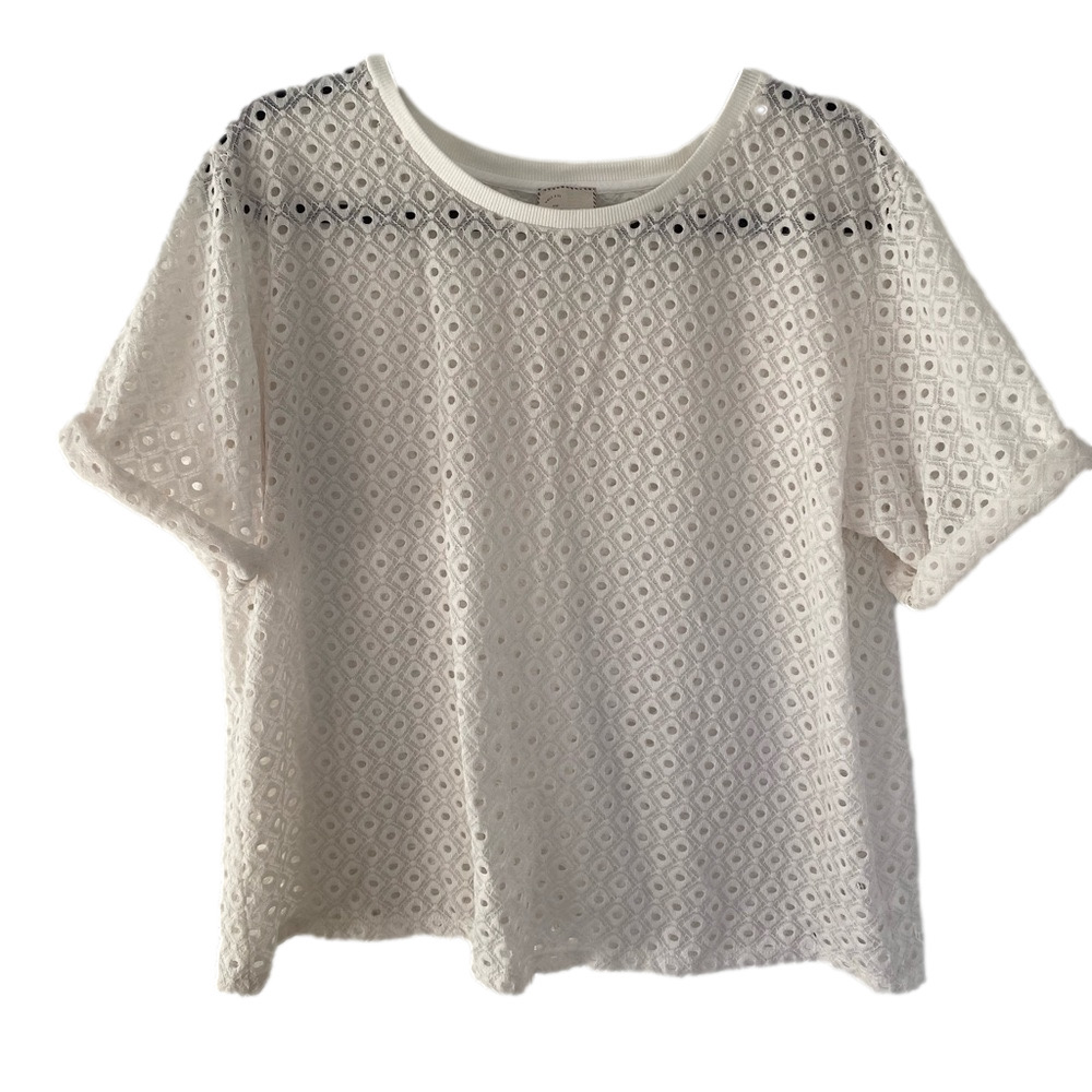 ANTHROPOLOGIE Postmark White Chantal Lace Boxy Eyelet Women’s Top / Blouse Sz M